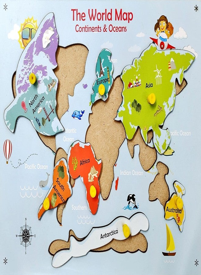 Khilonewale- Wooden Puzzle with Knobs Educational and Learning Toy for Kids (Continents and Oceans) - Image 3
